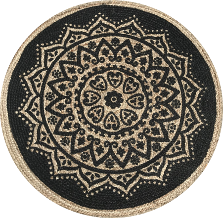 Round jute natural and black mandala patterned rug 90cm